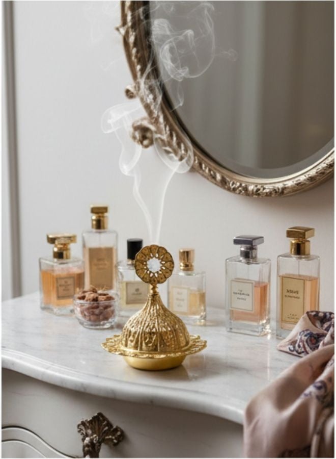 مبخرة بخور ذهبية بتصميم عربي فاخر – مبخرة معدنية مزخرفة من الحديد عالي الجودة مع غطاء قابل للإزالة – لتعطير الجو ونشر الروائح العطرية بالتساوي – قطعة ديكور فاخرة للمنازل والمناسبات – هدية مثالية للأصدقاء والعائلة - Image 4